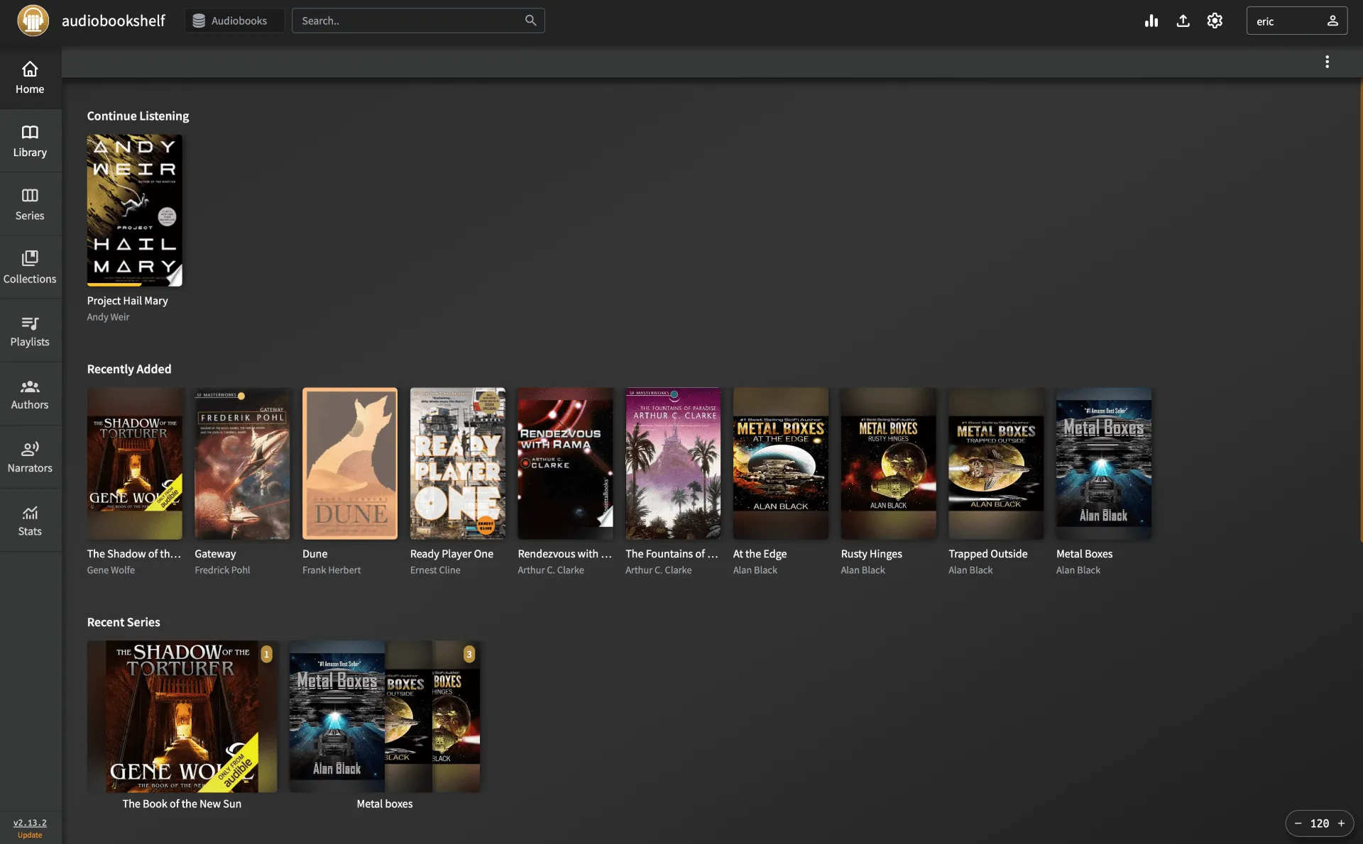 Trang chủ của Audiobookshelf hiển thị một cuốn sách đang đọc dở và các sách nói khác bên dưới