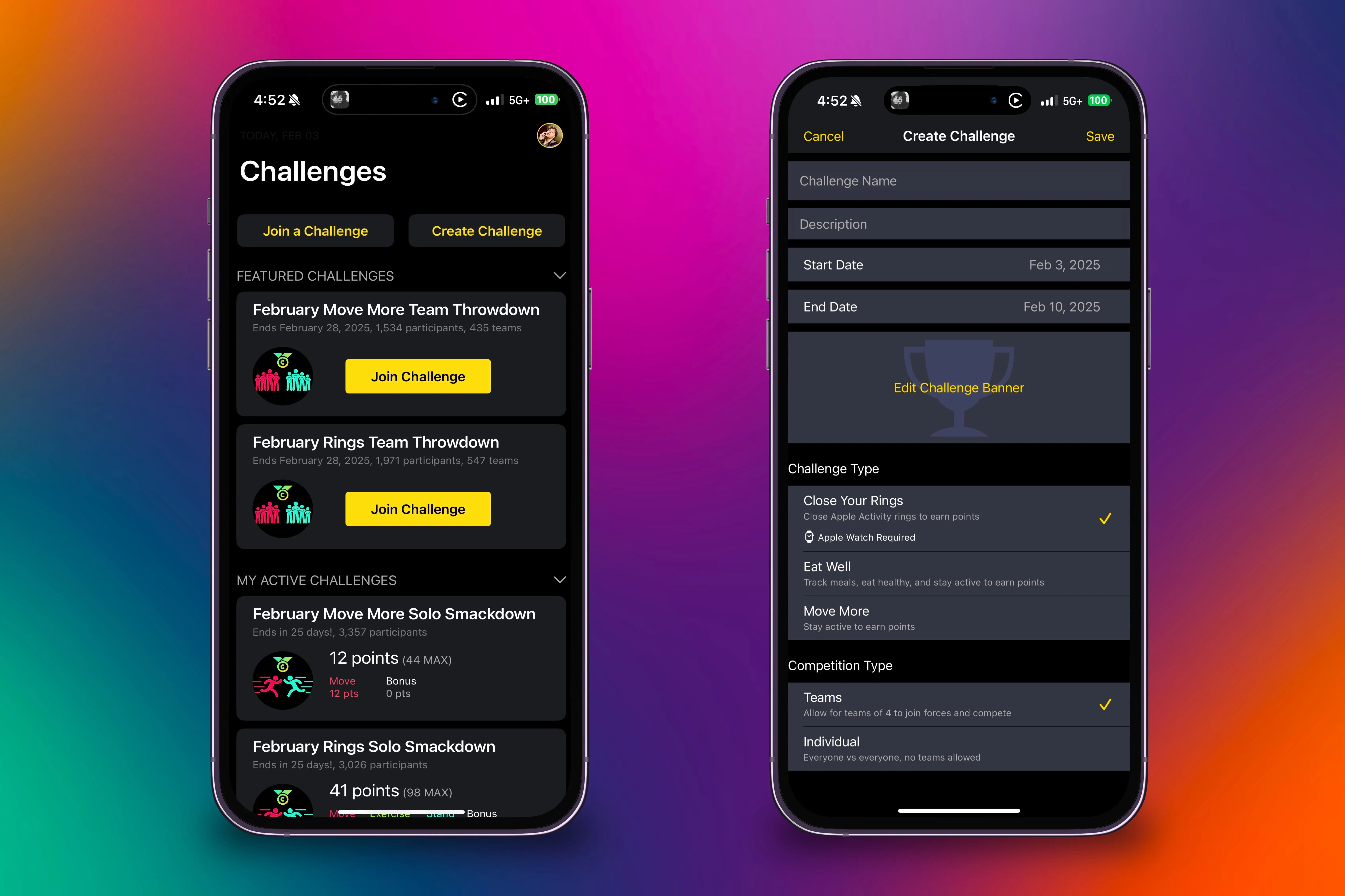 Trang chủ của ứng dụng Challenges và màn hình tạo cuộc thi của riêng bạn trên nền nhiều màu sắc.
