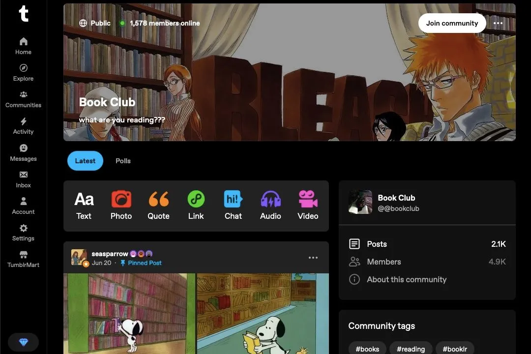 Trang cộng đồng Tumblr &quot;Book Club&quot; với giao diện riêng