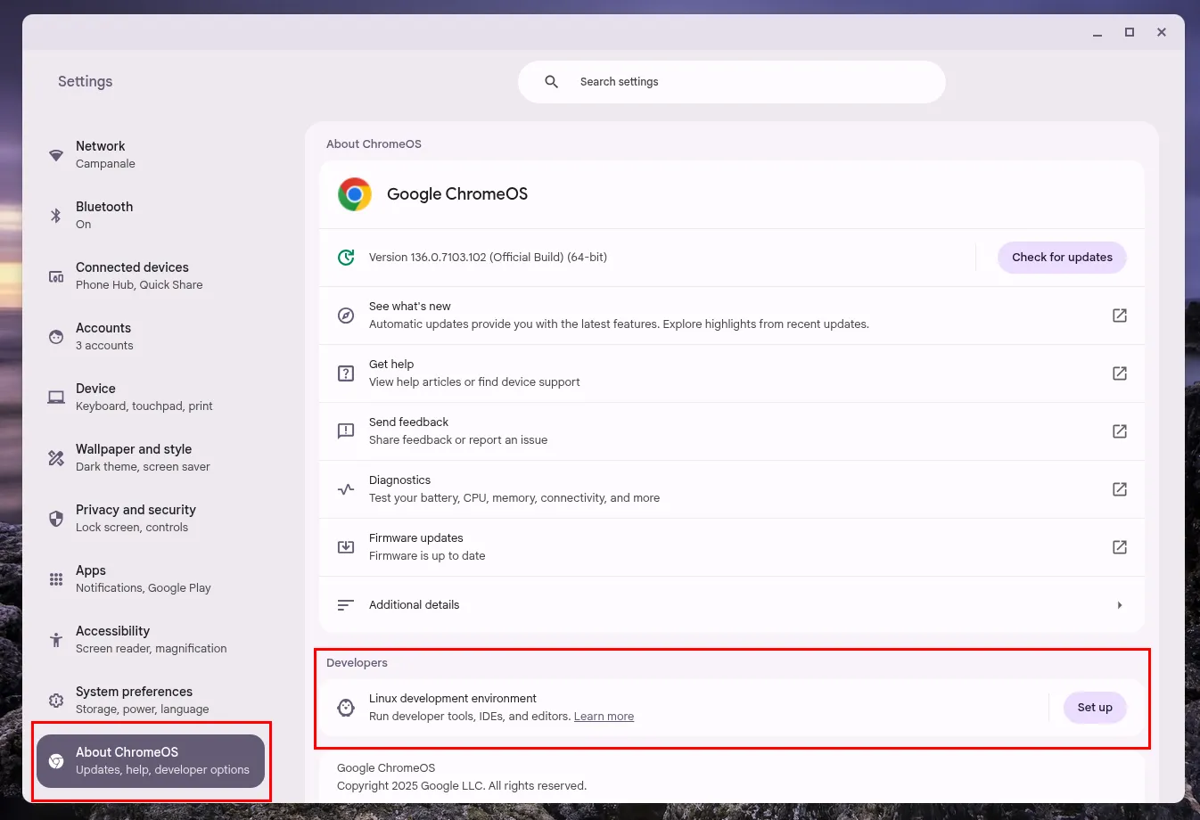 Trang Giới thiệu ChromeOS với mục Nhà phát triển và nút thiết lập môi trường Linux.