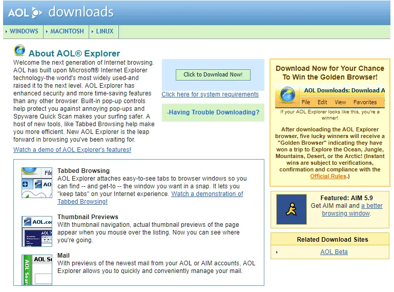 Trang tải xuống AOL Explorer trên trang web AOL vào cuối năm 2005