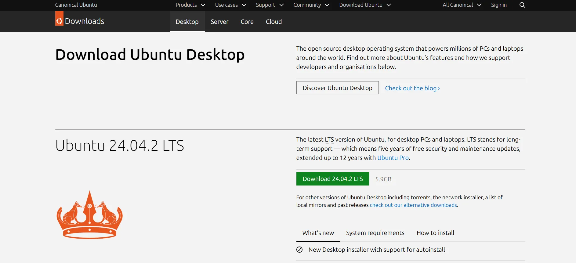 Trang tải xuống Ubuntu 24.04 LTS, minh họa tính khả dụng và chi phí thấp của hệ điều hành Linux.