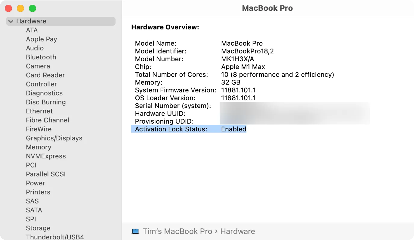 Trạng thái Activation Lock &quot;Disabled&quot; trên màn hình thông tin hệ thống của MacBook Pro, minh họa cách kiểm tra Mac cũ