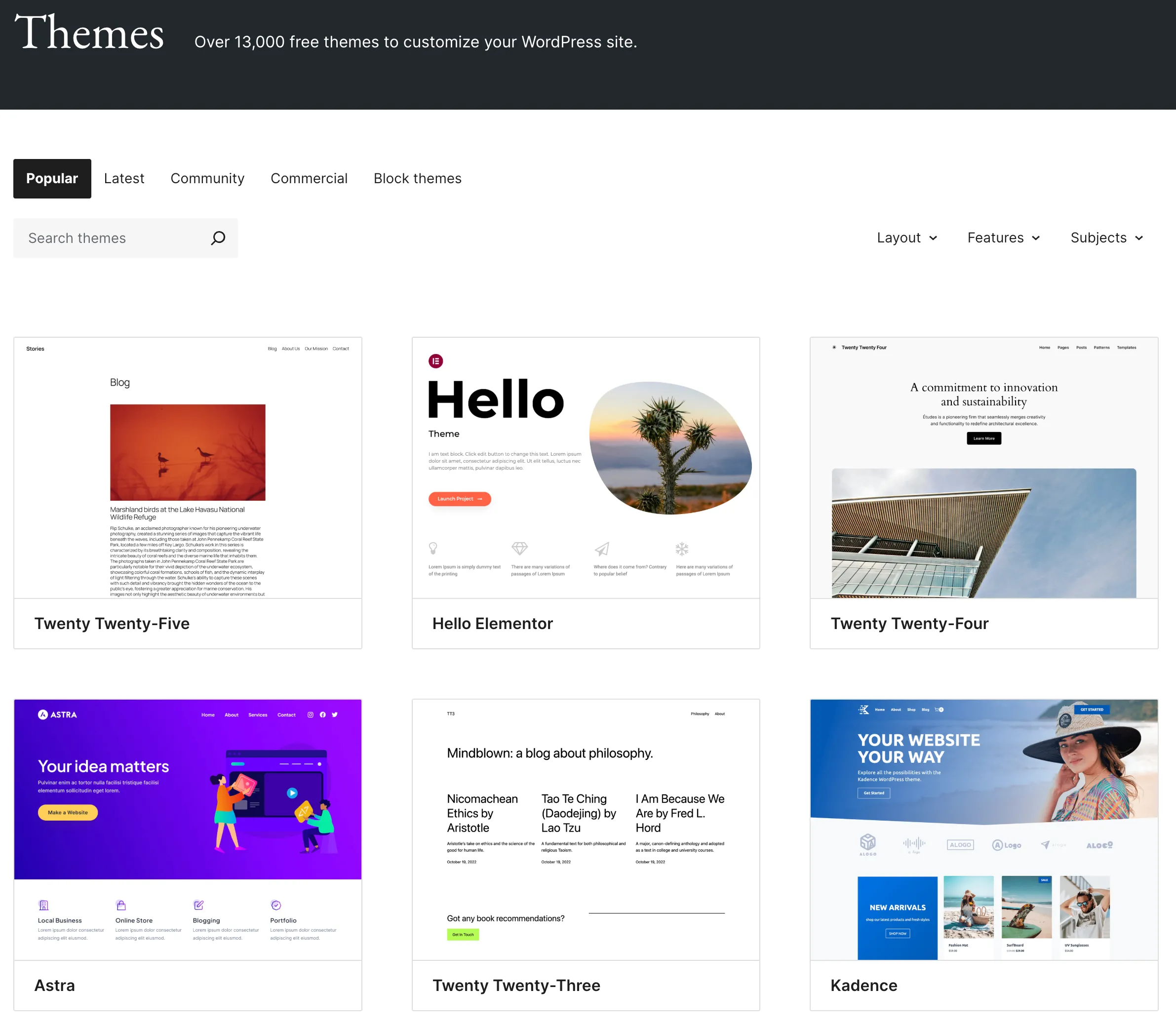 Trang Themes của WordPress hiển thị sáu trong số các theme phổ biến nhất từ kho lưu trữ chính thức