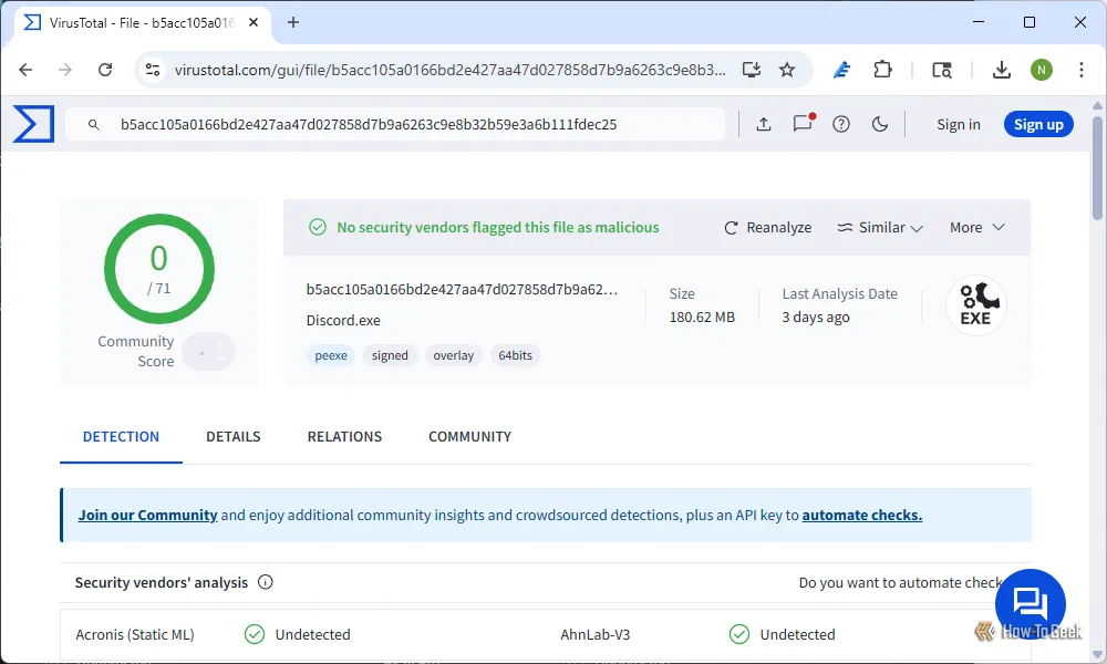 Trang VirusTotal hiển thị chi tiết kết quả quét của tiến trình