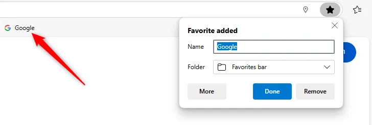 Trang web Google được thêm vào Thanh Yêu thích của Microsoft Edge.