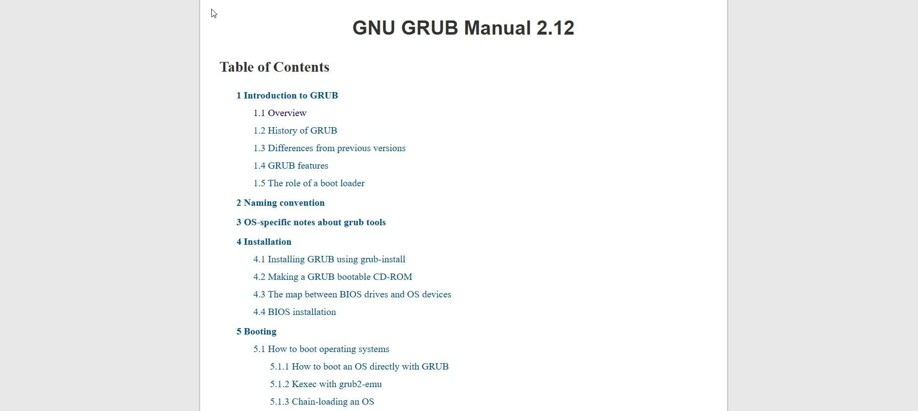 Trang web tài liệu hướng dẫn sử dụng chính thức của GNU GRUB, cung cấp thông tin chi tiết về bộ nạp khởi động.