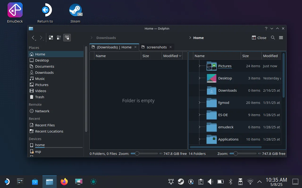 Trình quản lý tệp Dolphin trong chế độ chia đôi màn hình trên SteamOS, hỗ trợ quản lý file hiệu quả