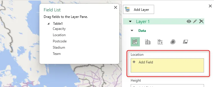 Trường Location trong bảng Layer Pane của 3D Map trong Microsoft Excel được tô sáng.