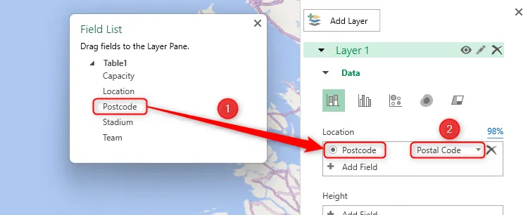 Trường Postcode trong Field List của cửa sổ 3D Map trong Excel được kéo vào trường Location trong Layer Pane, và Postal Code được chọn trong menu thả xuống.
