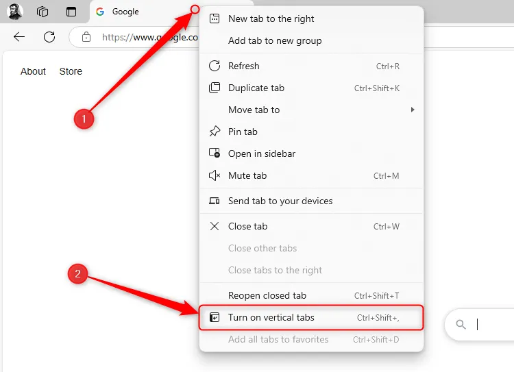 Tùy chọn Bật tab dọc trong Microsoft Edge.