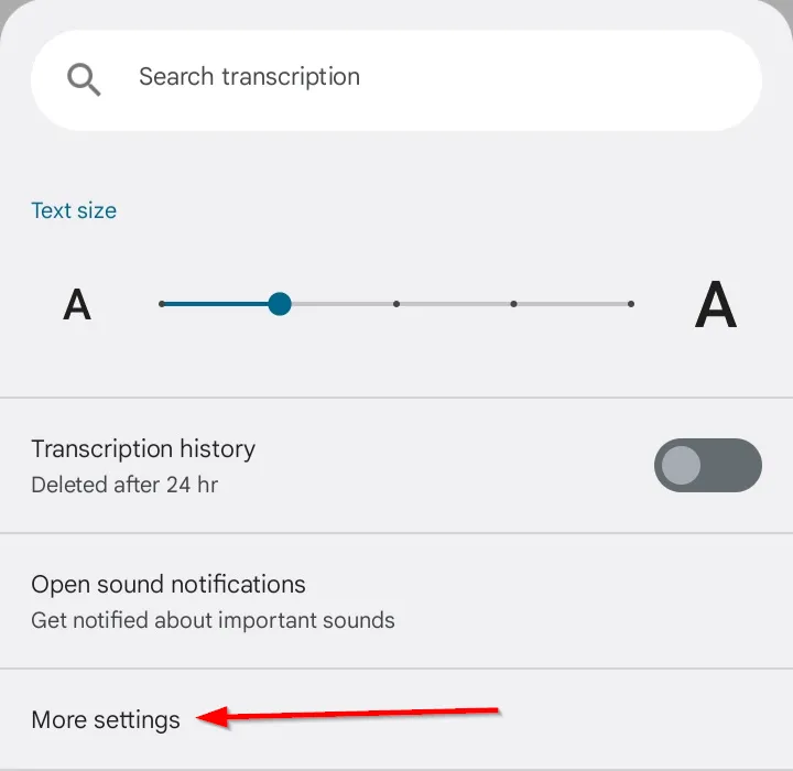Tùy chọn &quot;Cài đặt khác&quot; trong menu Live Transcribe để điều chỉnh ngôn ngữ và các thiết lập khác