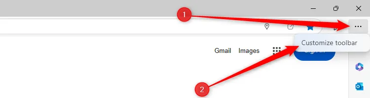 Tùy chọn chuột phải để Tùy chỉnh Thanh công cụ trên menu ba chấm trong Microsoft Edge.