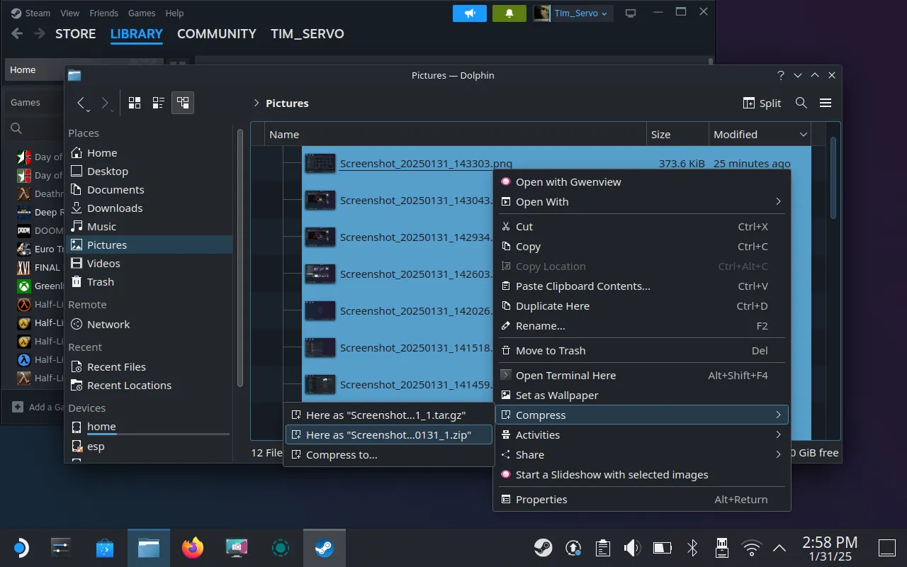 Tùy chọn &quot;Compress &gt; Here as 'name.zip'&quot; trong Dolphin file explorer, giúp nén nhiều ảnh chụp màn hình Steam Deck thành một file ZIP.