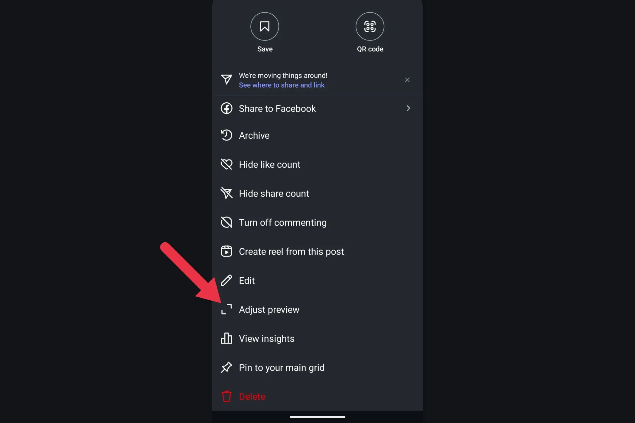 Tùy chọn &quot;Điều chỉnh Xem trước&quot; (Adjust Preview) trong menu bài đăng Instagram