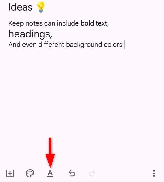 Tùy chọn định dạng văn bản nâng cao trong ứng dụng Google Keep trên Android, bao gồm in đậm, in nghiêng và gạch chân.