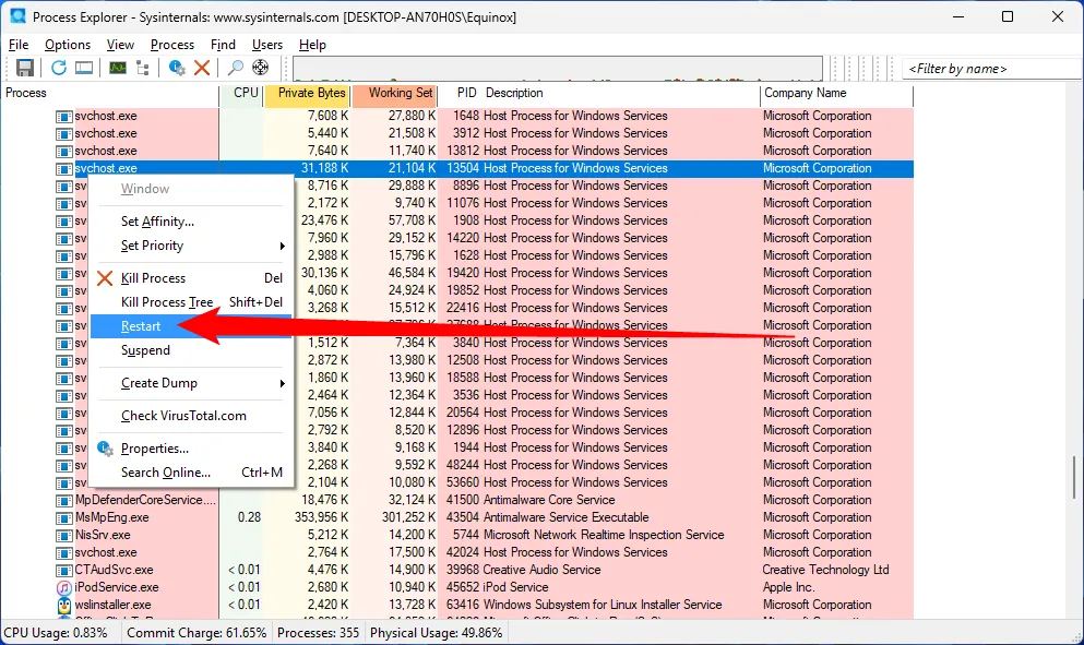 Tùy chọn khởi động lại hoặc kết thúc tiến trình trong Process Explorer