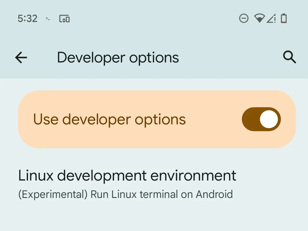 Tùy chọn &quot;Môi trường phát triển Linux&quot; (Linux development environment) trong cài đặt nhà phát triển trên điện thoại Pixel.
