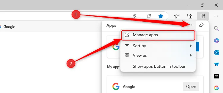 Tùy chọn Quản lý ứng dụng trong Microsoft Edge.