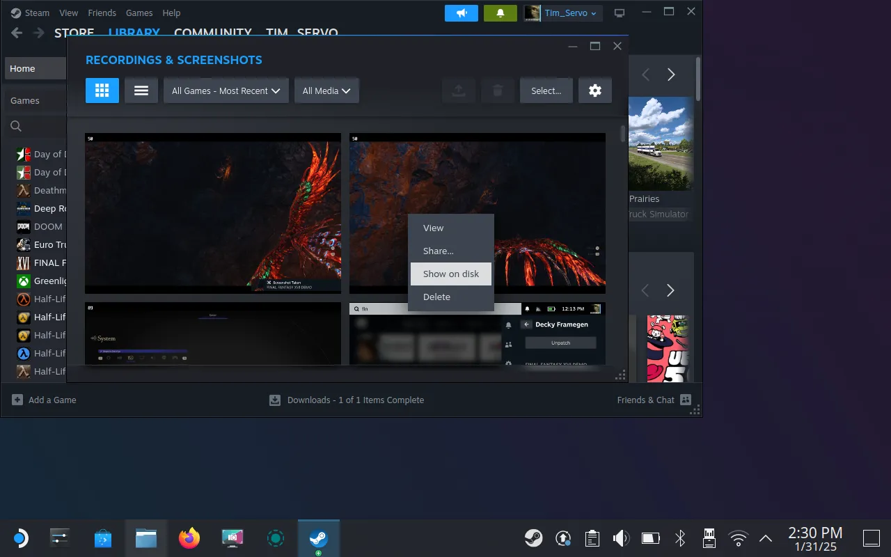Tùy chọn &quot;Show on Disk&quot; trong menu ngữ cảnh Steam giúp định vị thư mục chứa ảnh chụp màn hình Game Mode trên Steam Deck.