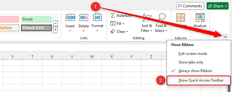 Tùy chọn Show Quick Access Toolbar trong Excel được làm nổi bật.