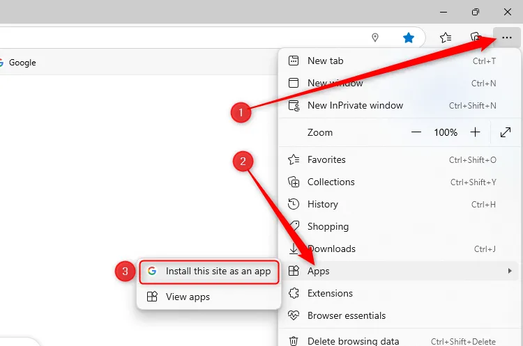 Tùy chọn tải xuống trang web Google dưới dạng ứng dụng trong Microsoft Edge.