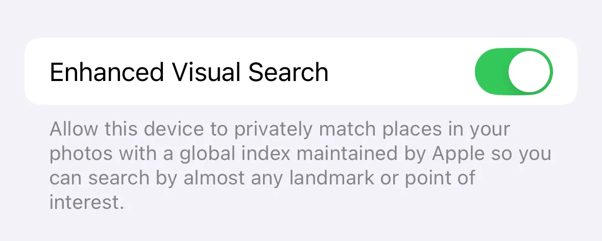 Tùy chọn tắt/bật Enhanced Visual Search trong cài đặt Ảnh trên iPhone