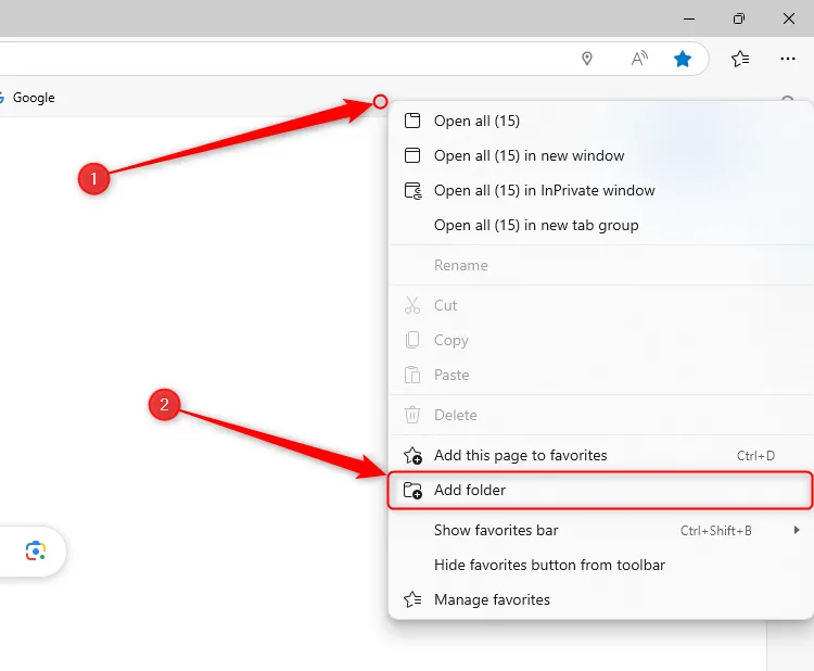 Tùy chọn Thêm thư mục trong menu chuột phải của Thanh Yêu thích Microsoft Edge.