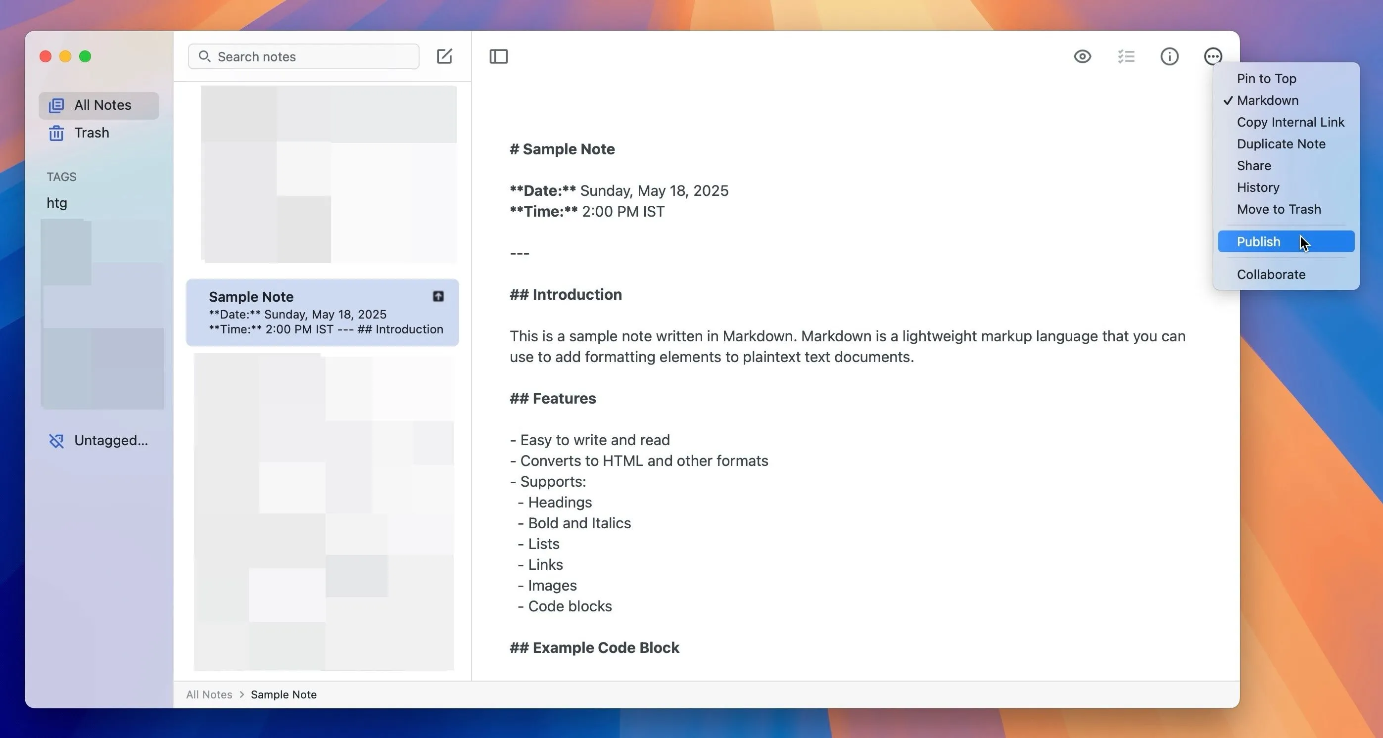 Tùy chọn xuất bản ghi chú lên web (Publish to Web) trong ứng dụng Simplenote trên Mac