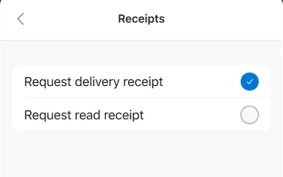 Tùy chọn yêu cầu xác nhận đã gửi (Delivery Receipt) và xác nhận đã đọc (Read Receipt) trong Outlook Mobile.