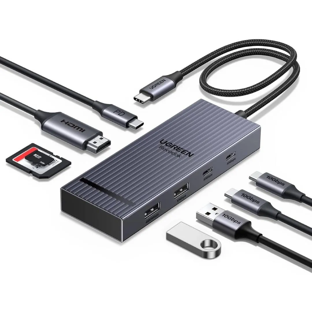 UGREEN Revodok Pro 8-in-1 USB-C Hub nhỏ gọn, hiển thị các cổng USB-C, USB-A, HDMI và khe đọc thẻ, lý tưởng cho người dùng Chromebook cần đa dạng kết nối.
