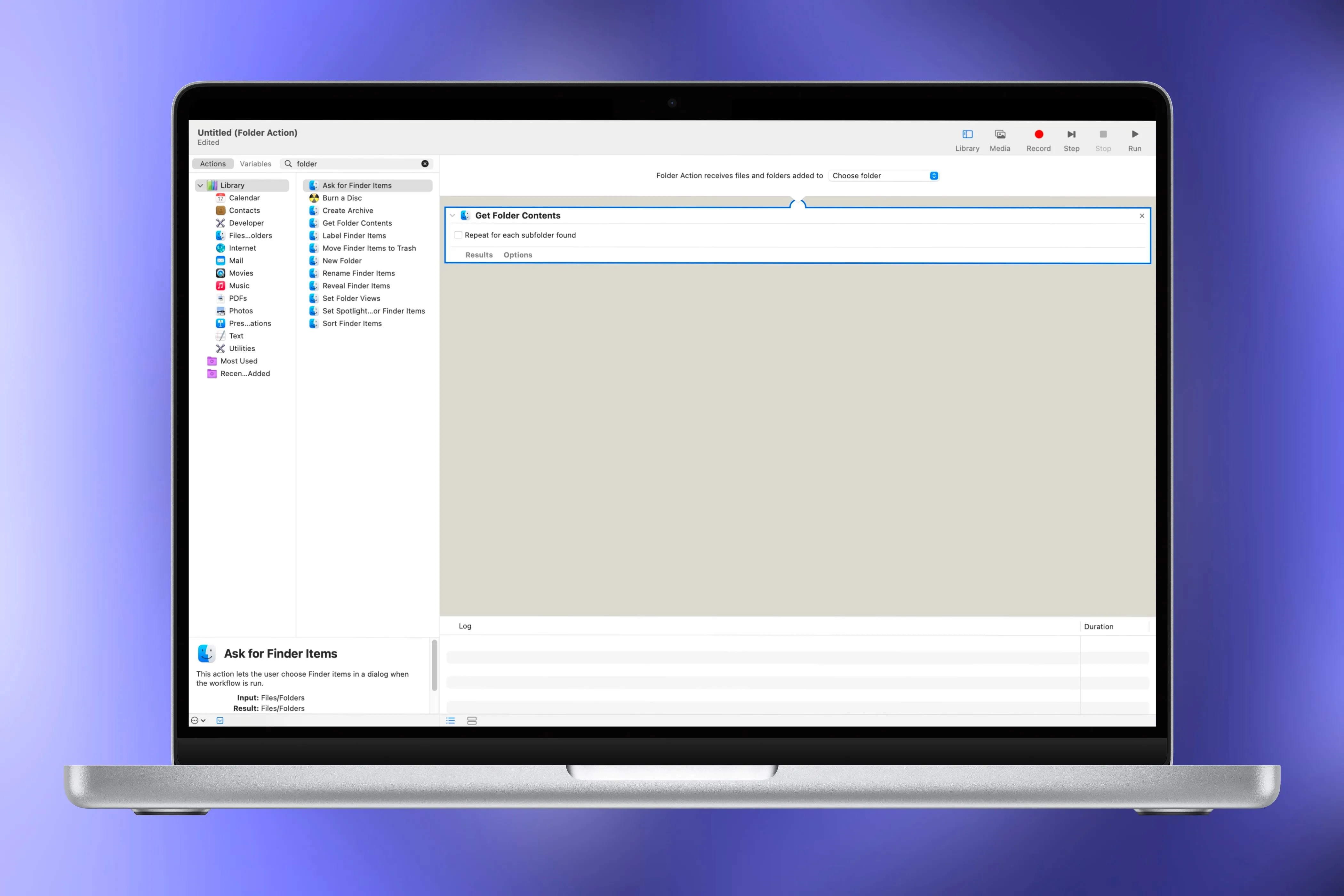 Ứng dụng Automator trên MacBook Pro, công cụ giúp tự động hóa quy trình sắp xếp file tải về trên Mac.