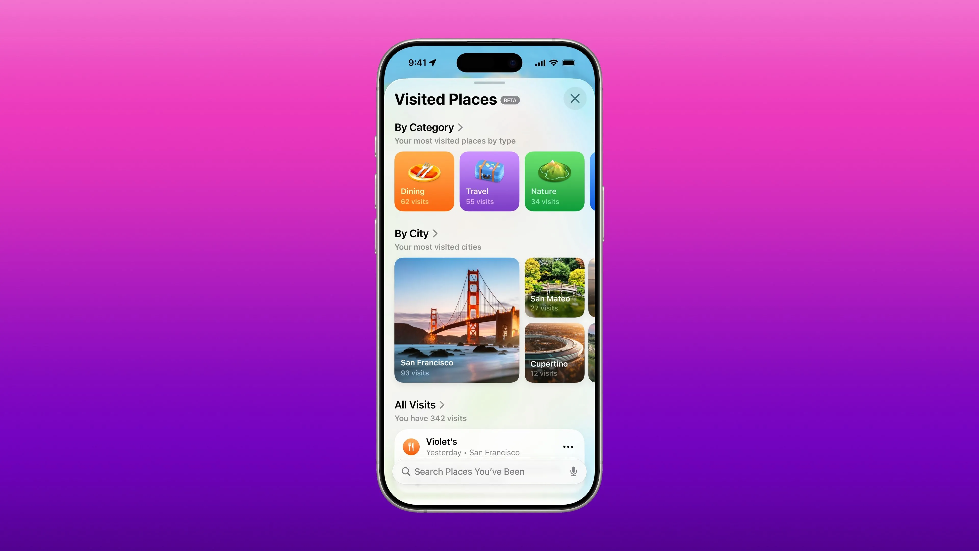 Ứng dụng Bản đồ của Apple trên iPhone hiển thị phần Địa điểm Đã Ghé Thăm trong iOS 26.