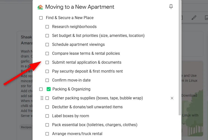 Ví dụ về ghi chú với các mục checklist con được lồng ghép trong Google Keep, giúp quản lý công việc chi tiết.