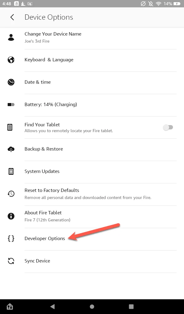 Vị trí Serial Number trong phần thông tin thiết bị Fire Tablet