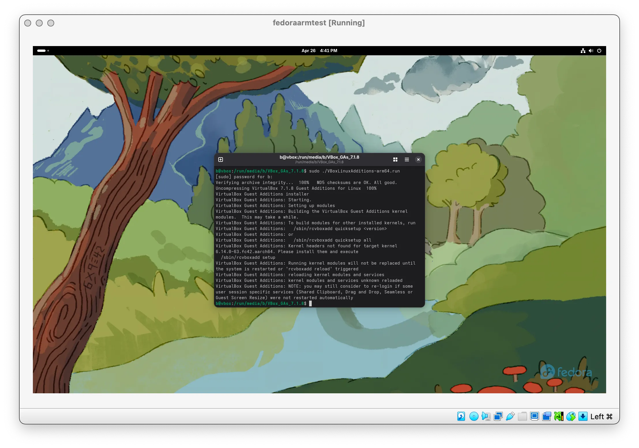 VirtualBox Guest Additions đã được cài đặt thành công trên Fedora Linux ảo hóa trên Apple Silicon.