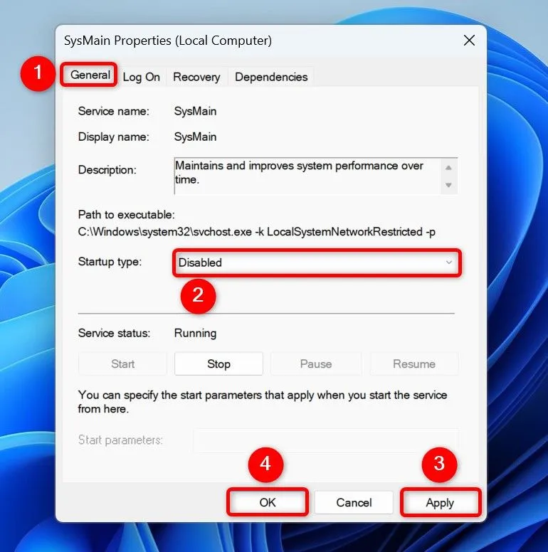 Vô hiệu hóa dịch vụ SysMain vĩnh viễn để tối ưu RAM cho ứng dụng.