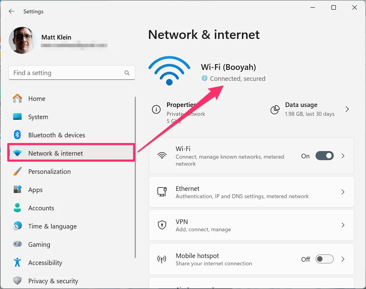 Xác nhận kết nối mạng trong phần Mạng &amp; Internet của cài đặt Windows