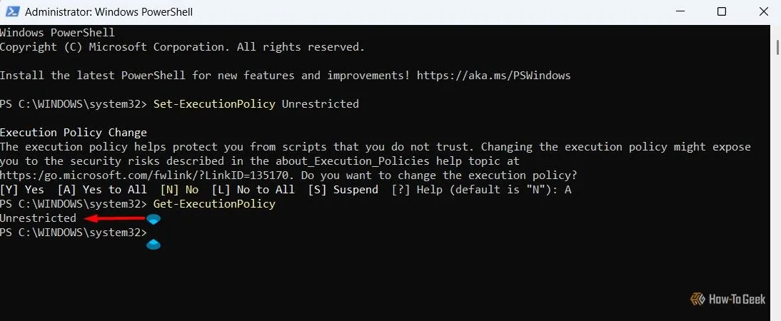 Xác nhận kết quả &quot;Unrestricted&quot; sau khi chạy lệnh Get-ExecutionPolicy trong PowerShell