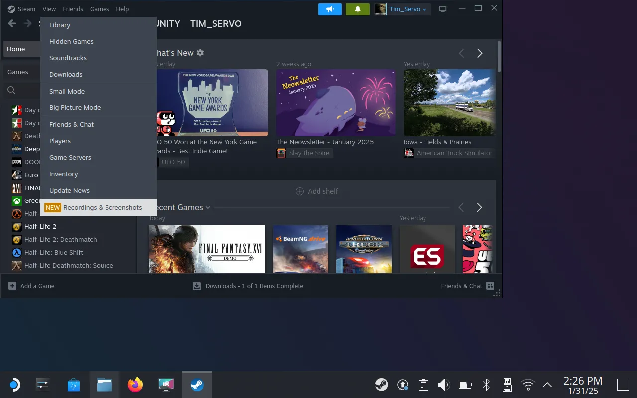 Xem ảnh chụp màn hình và video ghi lại trong ứng dụng Steam ở chế độ Desktop SteamOS