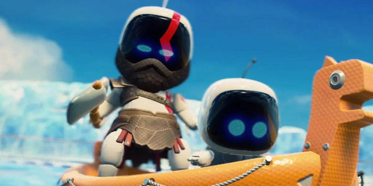 Astro's Playroom với các bot mô phỏng Kratos và Atreus từ God of War trên một chiếc thuyền