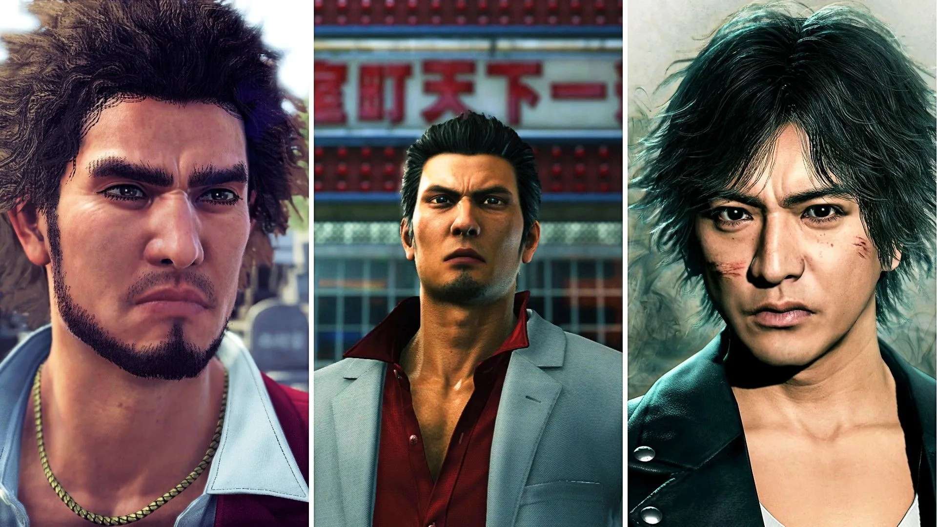 Ba nhân vật chính của vũ trụ Yakuza: Ichiban Kasuga từ Like A Dragon, Kazuma Kiryu từ Yakuza và Takayuki Yagami từ Judgement đứng cạnh nhau