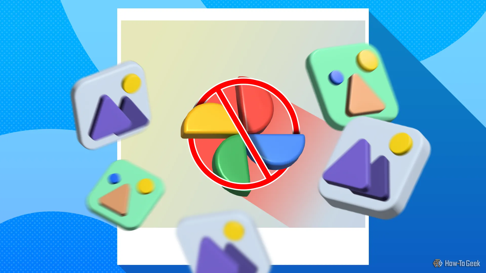 Biểu tượng Google Photos bị gạch chéo với các ảnh thumbnail xung quanh