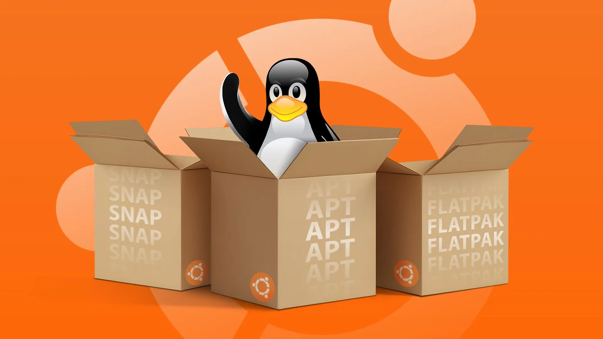 Biểu tượng linh vật Linux Tux cùng các hộp đại diện cho hệ thống quản lý gói (APT, Snap, Flatpak) trên nền logo Ubuntu, minh họa sự đa dạng và linh hoạt trong quản lý phần mềm trên các distro như Pop!_OS.