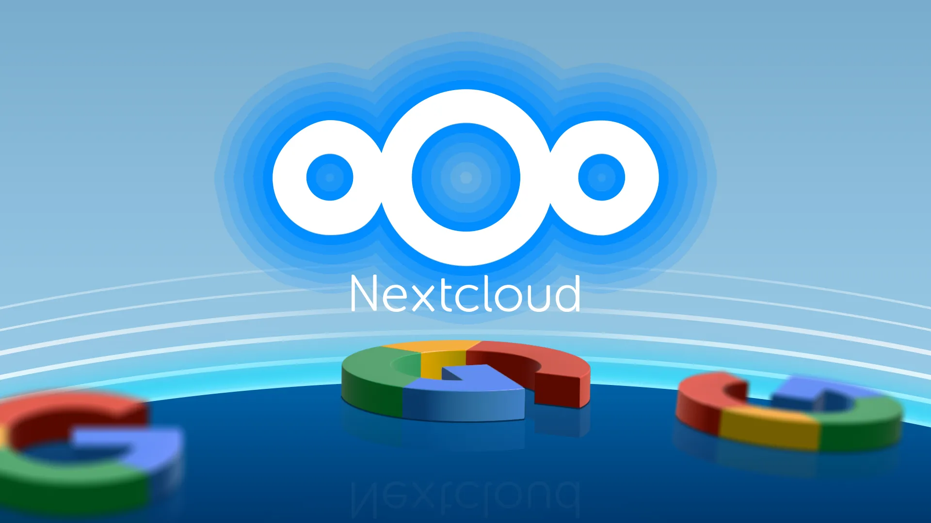 Biểu tượng Nextcloud và một số logo Google trên sàn, tượng trưng cho sự thay thế dịch vụ đám mây