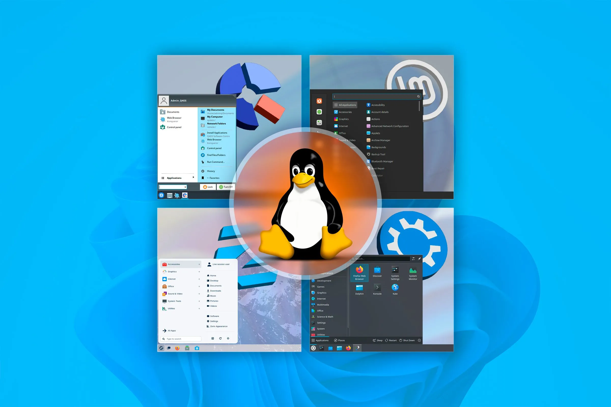 Biểu tượng Tux của Linux cùng các giao diện của bốn bản phân phối Linux khác nhau, trên nền hình nền Windows 11, thể hiện sự đa dạng và khả năng tùy biến của Linux, đặc biệt cho người dùng chuyển đổi từ Windows sang Zorin OS.