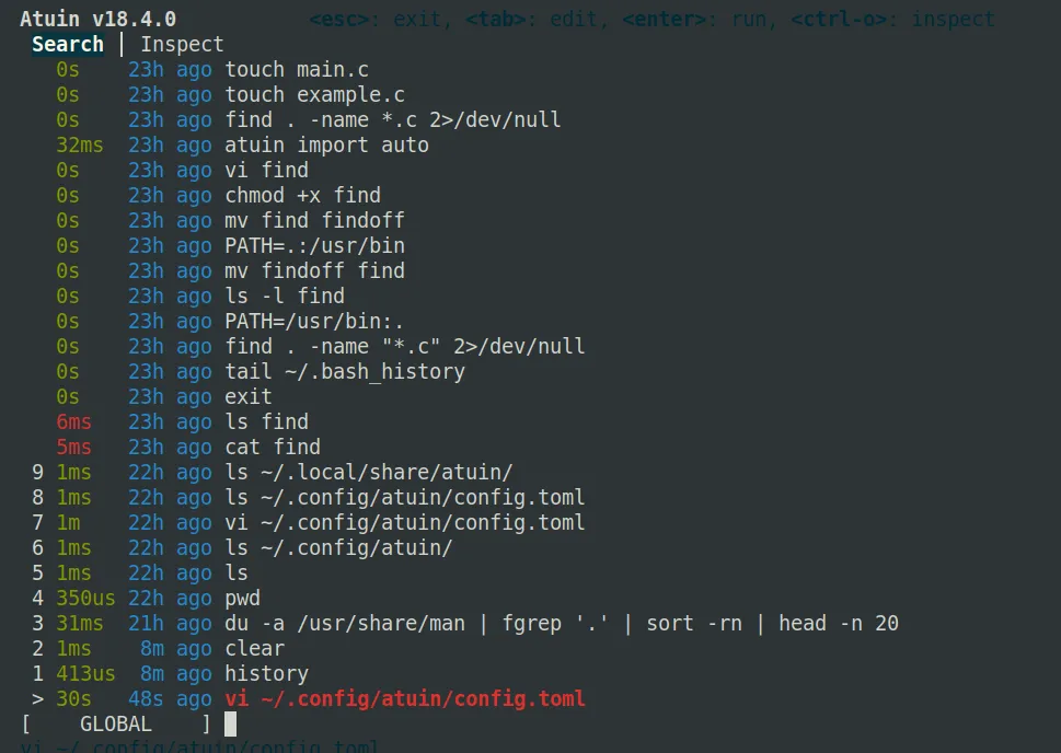 Chương trình Atuin hiển thị lịch sử lệnh được tô màu, trong danh sách toàn màn hình với thông tin thời gian