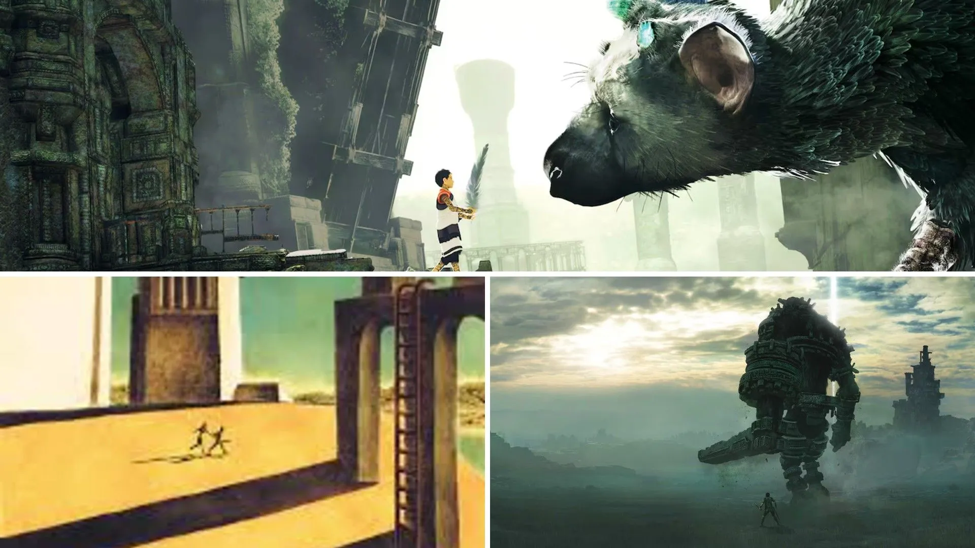 Đứa trẻ nhìn sinh vật khổng lồ Trico trong The Last Guardian, người chơi tấn công Colossus trong Shadow of the Colossus, và hai nhân vật chạy trốn trong ICO, các game có chung thế giới