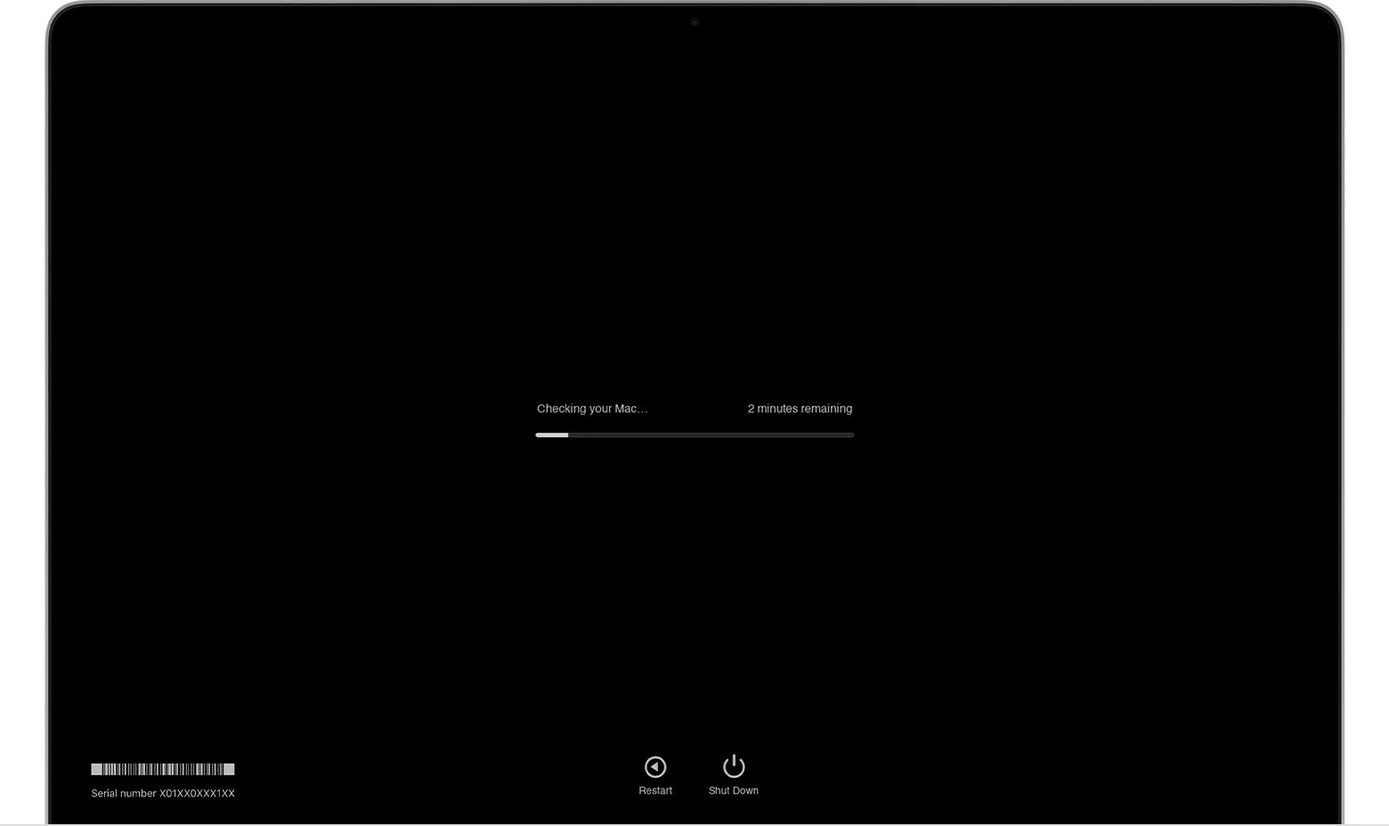 Giao diện công cụ Apple Diagnostics đang chạy trên macOS, giúp kiểm tra lỗi phần cứng Mac trước khi bán