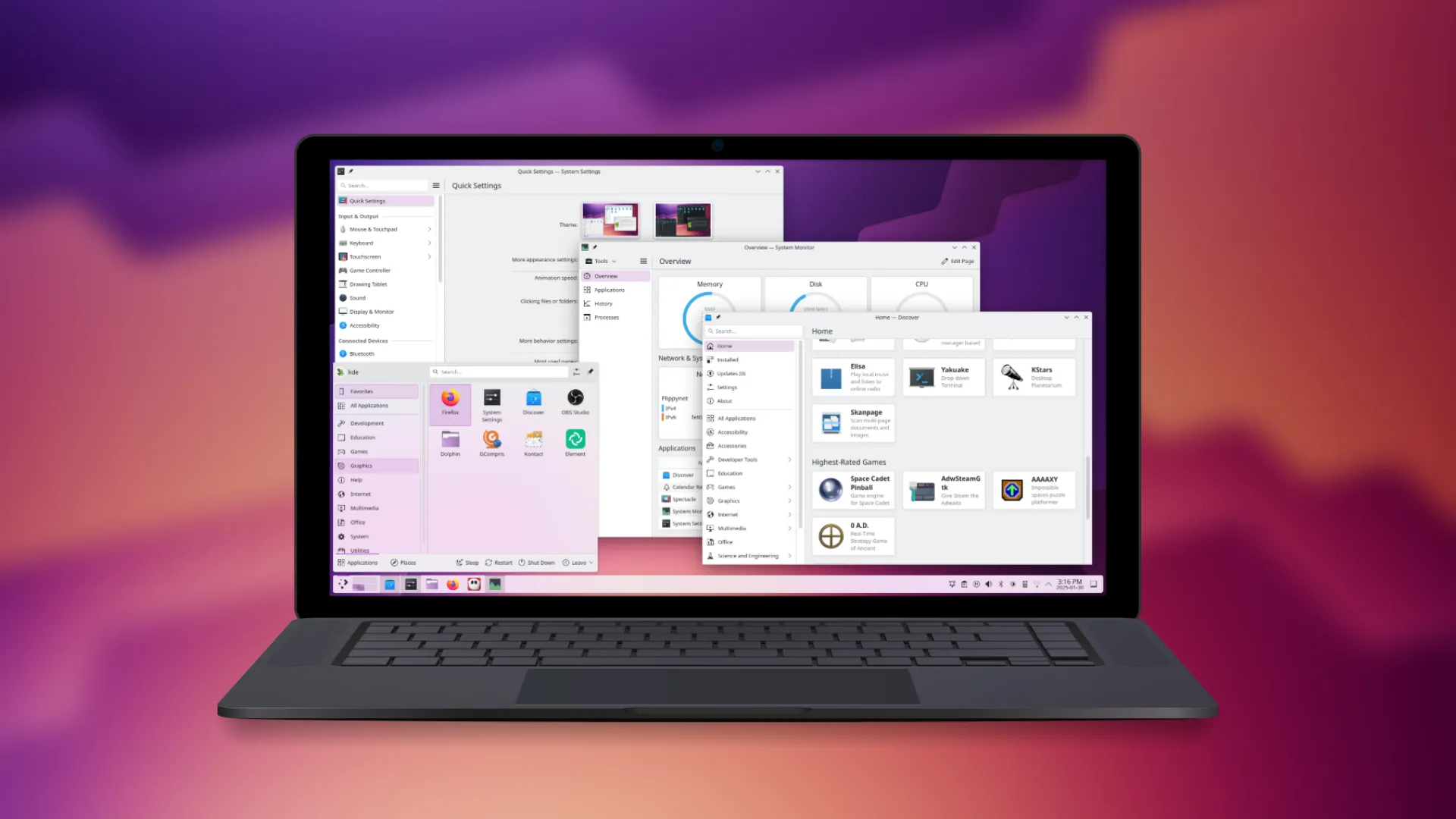 Giao diện desktop KDE Plasma trên một chiếc laptop với hình nền màu tím và vàng gradient, thể hiện môi trường làm việc tùy biến.